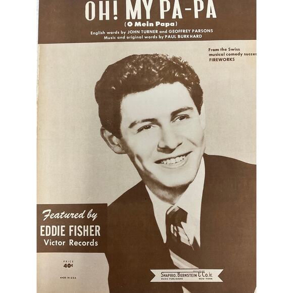 Oh My Pa Pa O Mein Papa Sheet Music Fireworks Eddie Fisher Tuner Parsons - Picture 2 of 5